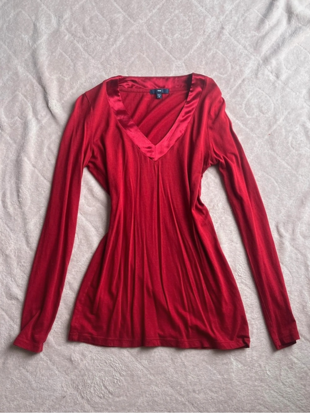 GAP Red V-Neck Long Sleeve Top with Satin Trim